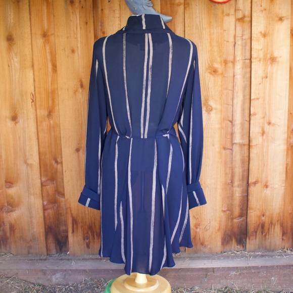Catherine Bacon 100% Silk Blue & White Stripe Double Collar High Low Blouse XS - Picture 10 of 17